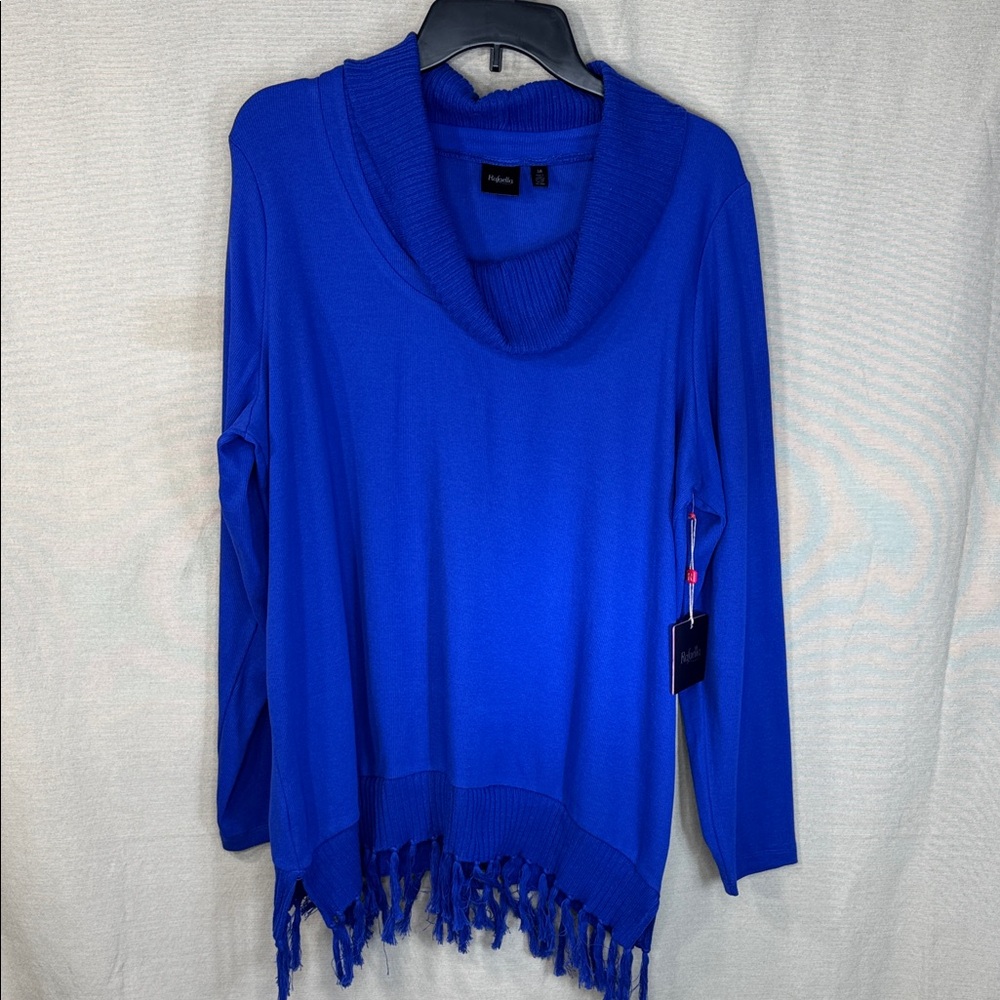 Rafaella Top Blue Cowl‎ Neck with Tasseled Hemline  in Size 1X  NWT